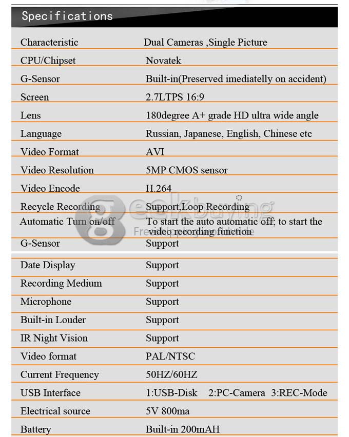BL800 Car DVR Specifications 