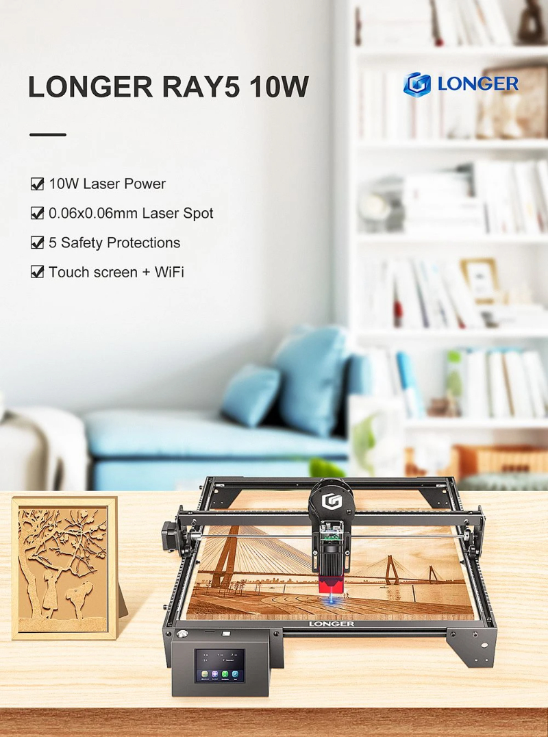 RAY5 10W Laser Engraver, 0.06x0.06mm Laser Spot, Touch Screen, Working Area 400x400mm, 32 Bit Chipset, Offline Carving, WiFi Connection