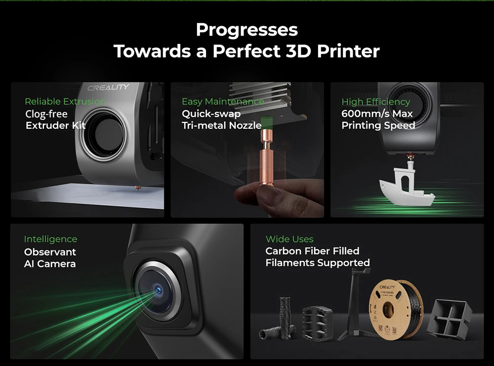 Creality K1C 3D Printer, 600mm/s Max Speed, Auto Leveling, AI Camera, Quick Swap Nozzle, All Metal Extruder Prints