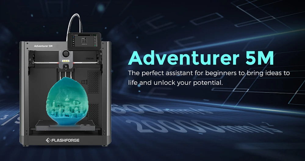 Flashforge Adventurer 5M 3D Printer, Auto Leveling, 600mm/s Max Printing Speed, Filament Runout Reminder, Power Loss Recovery, 4.3-inch LCD Touchscreen, WiFi Connection, 220x220x220mm