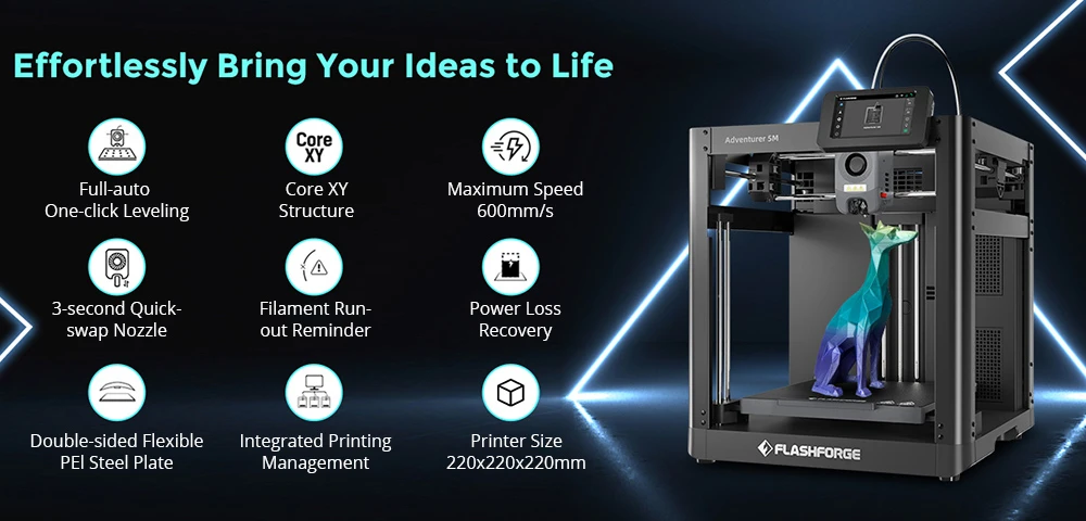 Flashforge Adventurer 5M 3D Printer, Auto Leveling, 600mm_s Max Sprinting Speed, Filament Runout Reminder, Power Loss Recovery, 4.3-inch LCD Touchscreen, WiFi Connection, 220x220x220mm