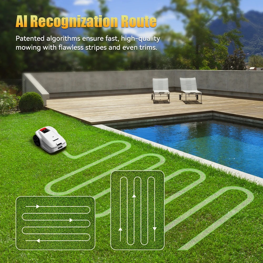 Goat Bot Unicut H1 robotic mower creating perfect lawn stripes using AI vision and patented algorithms