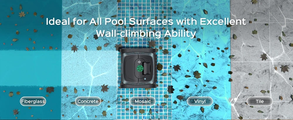 WYBOT C1 robotic pool cleaner climbing a tile pool wall, demonstrating excellent wall-cleaning ability for all pool surfaces including fiberglass, concrete, ビニール, and mosaic.