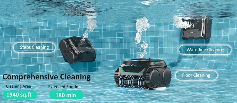 WYBOT C2 Vision cordless robotic pool cleaner performing cleaning modes in a swimming pool