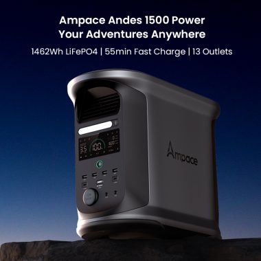 アンペースアンデス 1500 portable power station with 1462Wh LiFePO4 battery, 2400W AC output, and 55min wall charging. Ideal for camping, 緊急事態, and solar setups.
