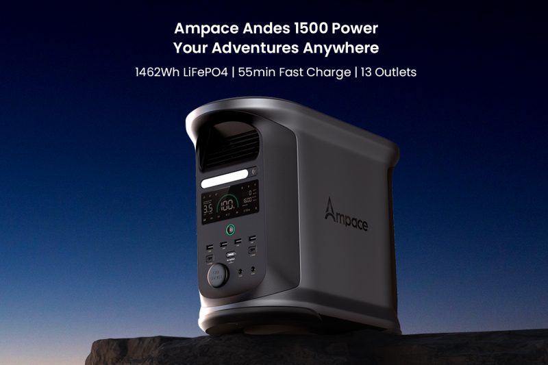 Ampace Andes 1500 portable power station with 1462Wh LiFePO4 battery, 2400W AC output, and 55min wall charging. Ideal for camping, emergencies, and solar setups.