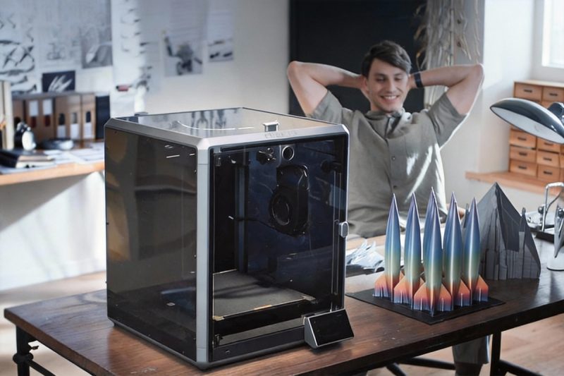 A compact silent 3D printer integrated into a clean, modern European home office workspace
