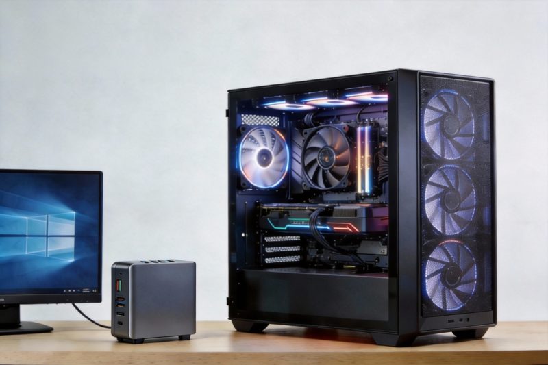 Mini PC y torre de escritorio colocadas una al lado de la otra en un escritorio moderno, destacando las diferencias de tamaño y factor de forma en 2026.