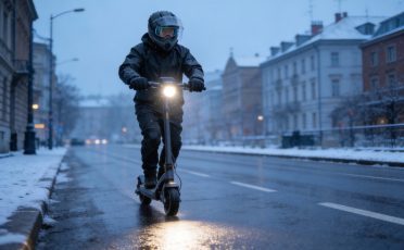 winter electric scooter commuter riding safely with lights and waterproof gear