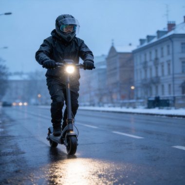 winter electric scooter commuter riding safely with lights and waterproof gear