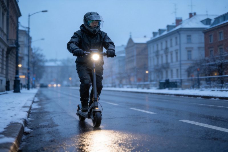 Viajero en scooter eléctrico de invierno que viaja de forma segura con luces y equipo impermeable