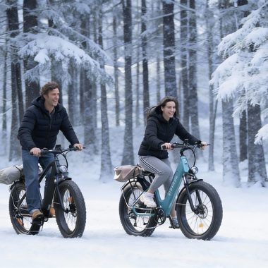 Guía de cuidado invernal de baterías de bicicletas eléctricas que muestra una bicicleta eléctrica en climas fríos