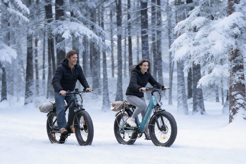 E-bike battery winter care guide showing an electric bike in cold weather
