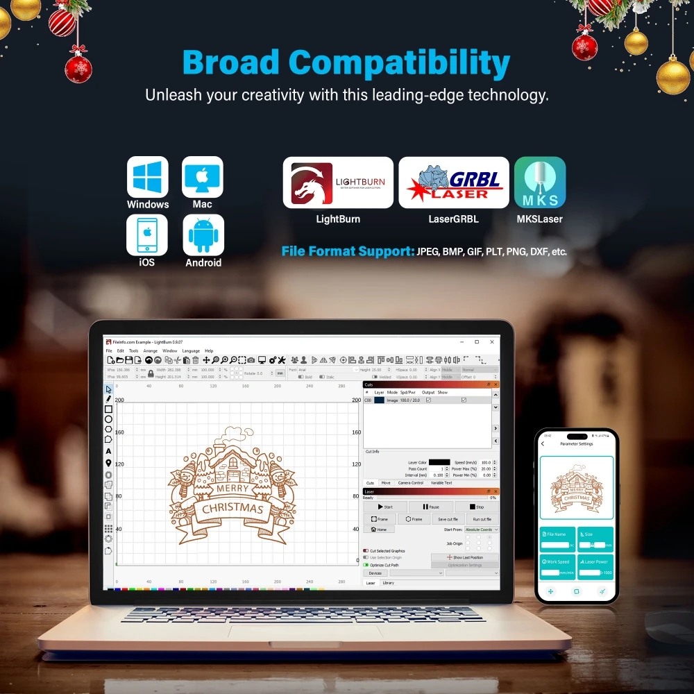 Software compatibility for the Mecpow X3 Pro includes LightBurn for Windows and Mac OS, and LaserGRBL for Windows.