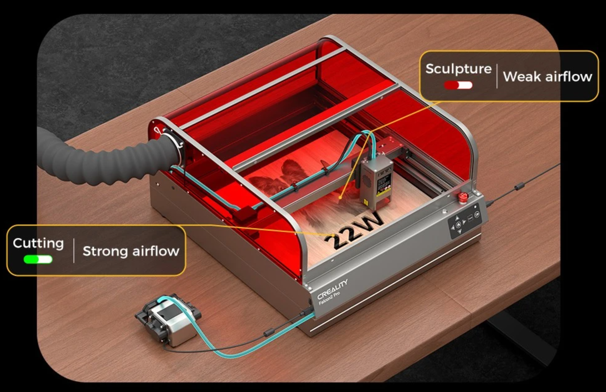 A schematic diagram illustrating the chimney effect inside a laser enclosure, showing negative pressure airflow pulling smoke away from the laser head and out through an exhaust fan and duct.