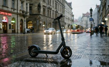 Electric scooter parked on wet pavement in European city, demonstrating rain riding risks