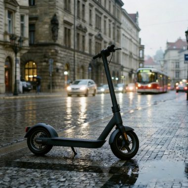 Electric scooter parked on wet pavement in European city, demonstrating rain riding risks
