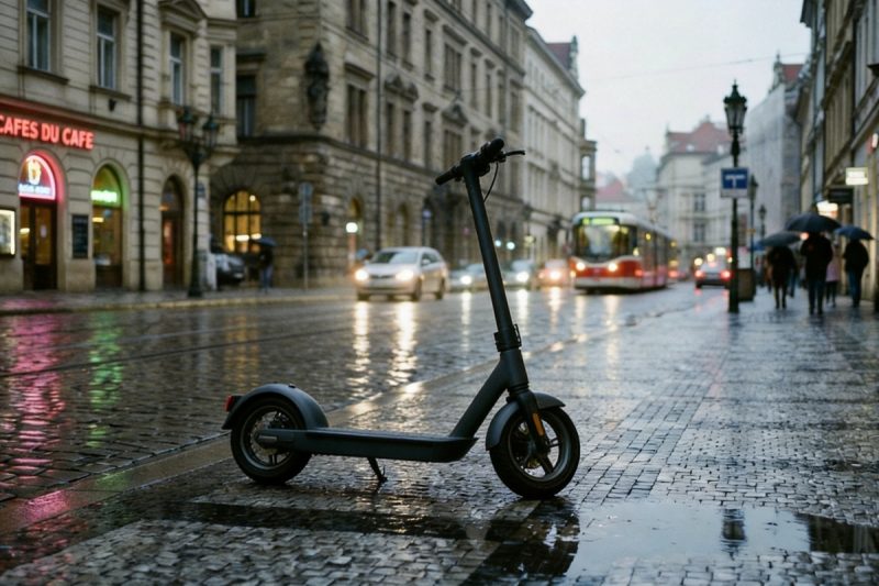 Electric scooter parked on wet pavement in European city, demonstrating rain riding risks