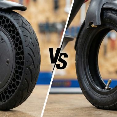 Electric scooter tires comparison Solid vs Pneumatic tires highlighting honeycomb structure and air valve.