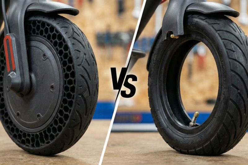 Electric scooter tires comparison Solid vs Pneumatic tires highlighting honeycomb structure and air valve.