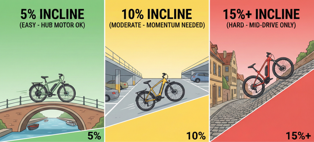 Electric bike slope gradient chart showing 5%, 10%, and 15% inclines to help choose between hub and mid-drive motors.