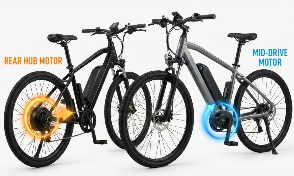 Diagram showing the difference between a rear hub motor location and a mid-drive motor location on an e-bike.