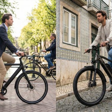 Comparación lado a lado de una bicicleta eléctrica con motor de cubo en terreno plano versus un motor de tracción media en una colina empinada.