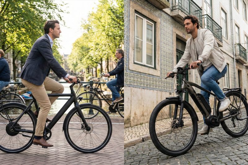 Side-by-side comparison of an electric bike with a hub motor on flat terrain versus a mid-drive motor on a steep hill.