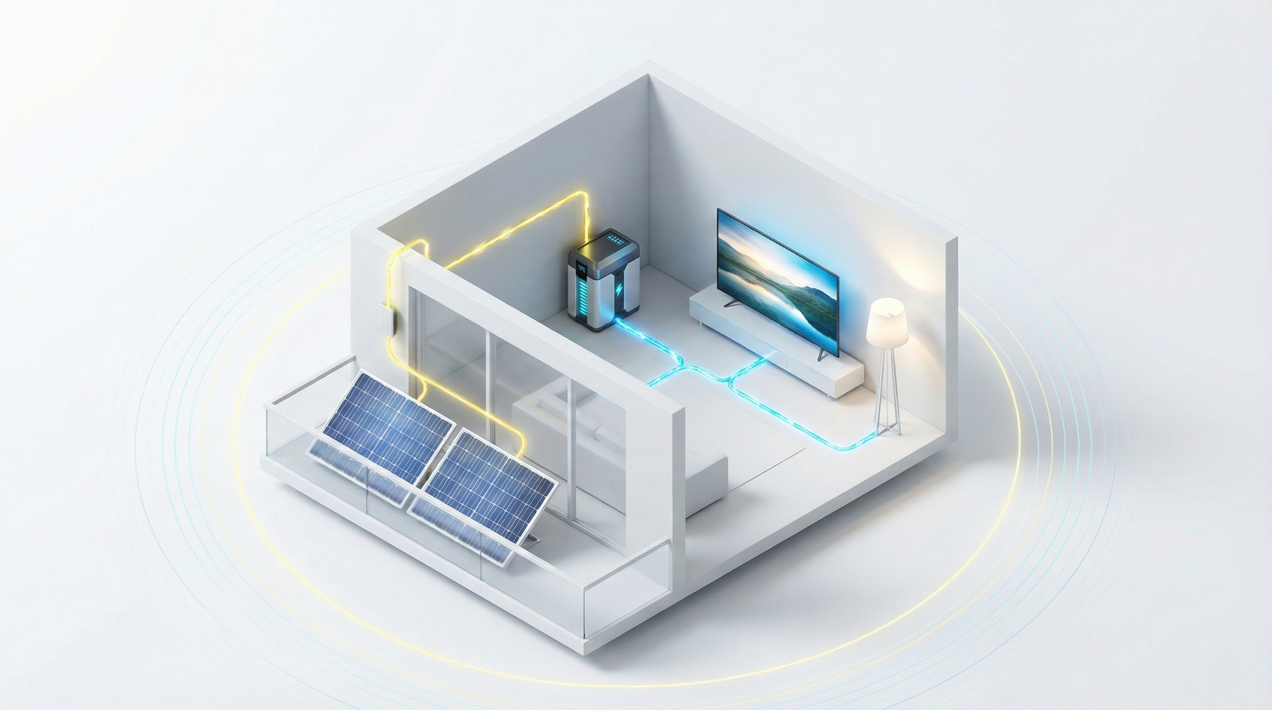 An infographic diagram showing solar energy flowing into a battery during sunny daylight hours, and the battery discharging power to a TV and lamps during the evening, illustrating the concept of time-shifting energy.