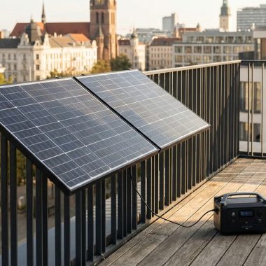 A neat European apartment balcony featuring two black solar panels mounted on the railing, connected to a portable power station sitting on the floor, with a blurred city skyline in the background.