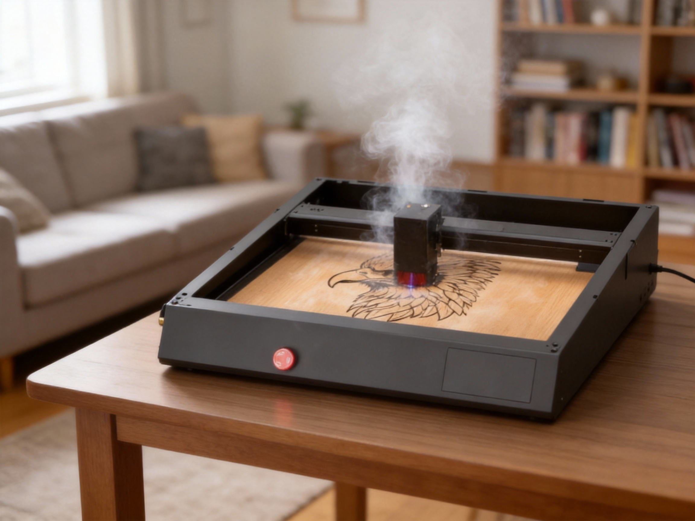 An open-frame diode laser engraver operating on a living room table, with visible smoke creating haze indoors, illustrating PM2.5 air quality risks.
