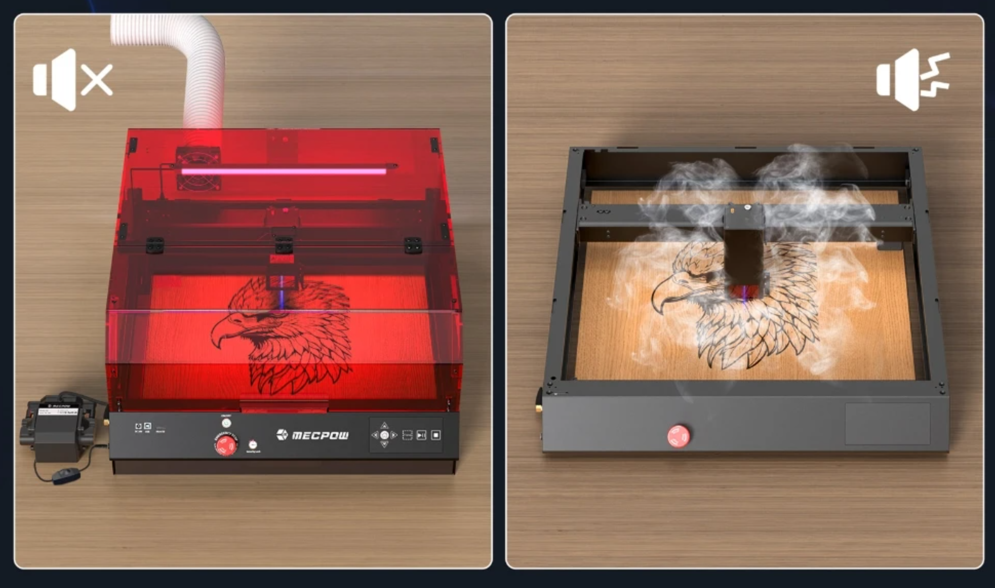 A side-by-side comparison featuring a Class 4 open-frame laser engraver with danger warning labels next to a fully enclosed Class 1 laser system with interlocks and safety labels.