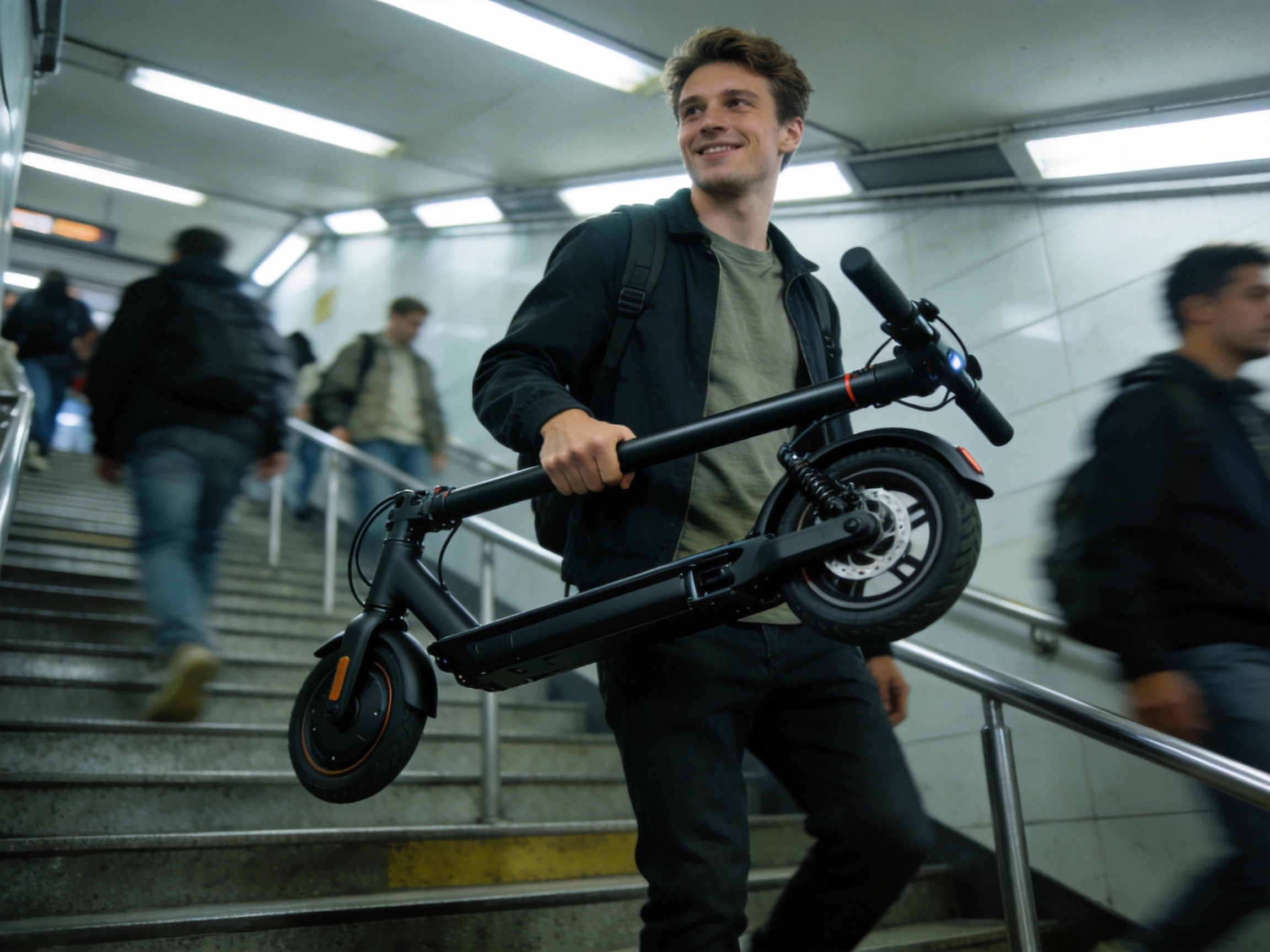 A commuter easily carrying a folded electric scooter up subway stairs, highlighting the weight and portability advantage over a heavy folding eBike.