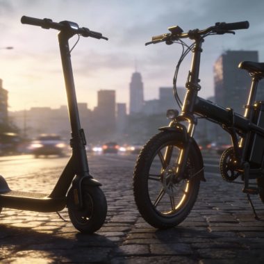 Side-by-side comparison of an electric scooter and a folding electric bike parked on a city pavement, illustrating the choice for last-mile commuting.