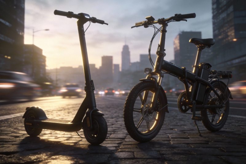 Side-by-side comparison of an electric scooter and a folding electric bike parked on a city pavement, illustrating the choice for last-mile commuting.