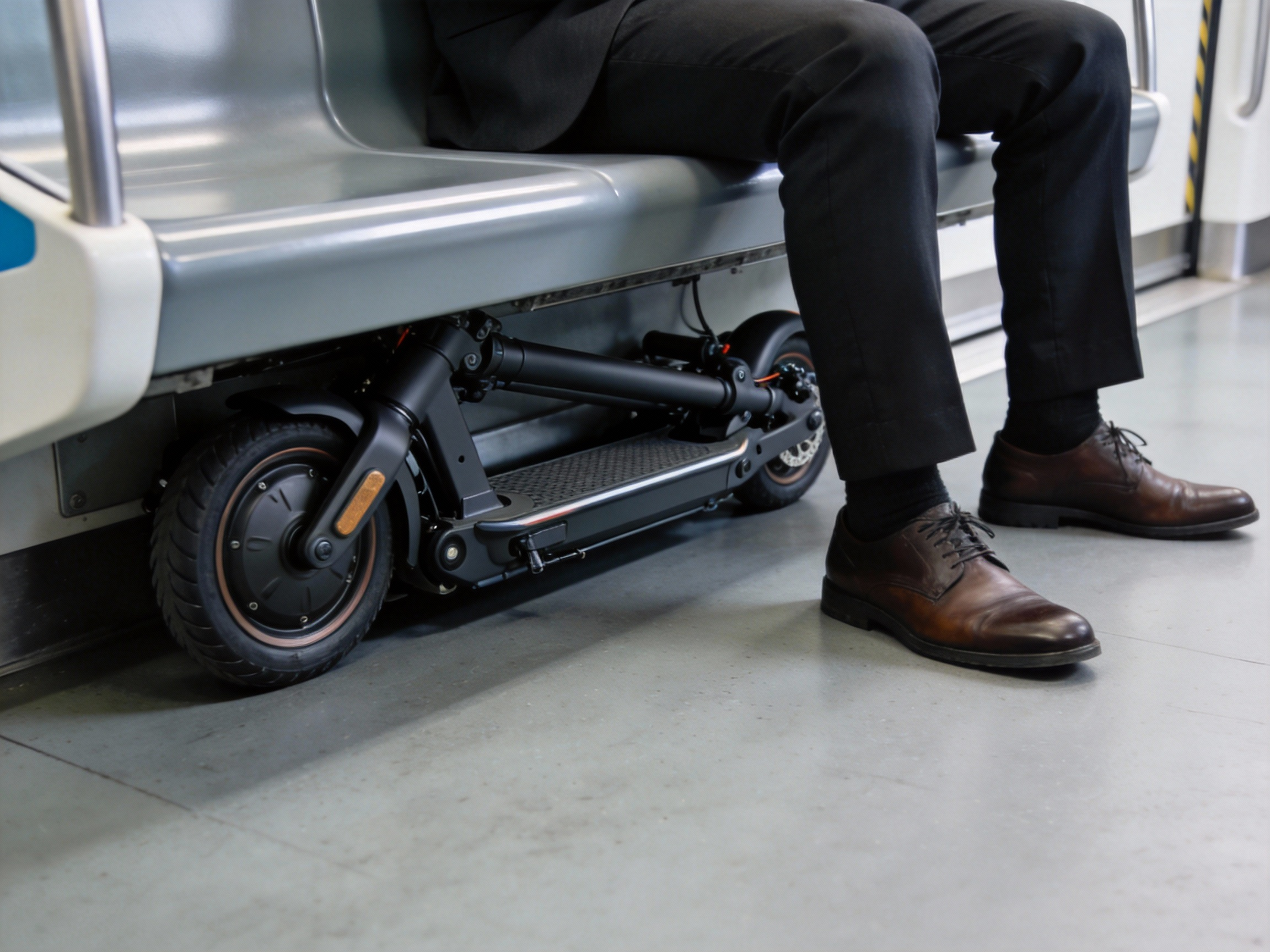 A folded electric scooter tucked neatly under a subway seat during rush hour, demonstrating space-saving benefits for mixed-mode commuters.