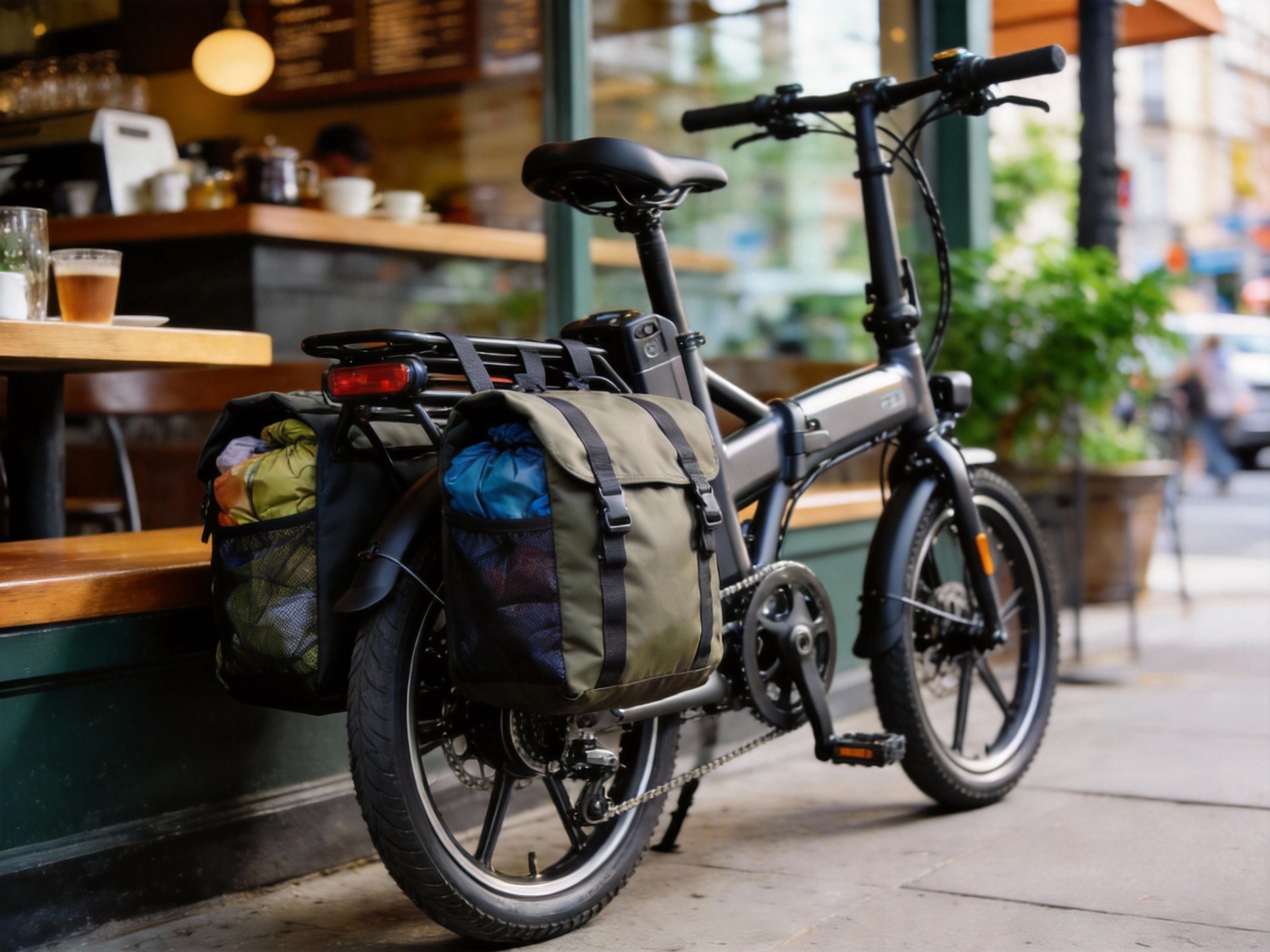 A folding electric bike equipped with rear pannier bags for groceries compared to an electric scooter rider wearing a backpack, showing cargo capacity differences.