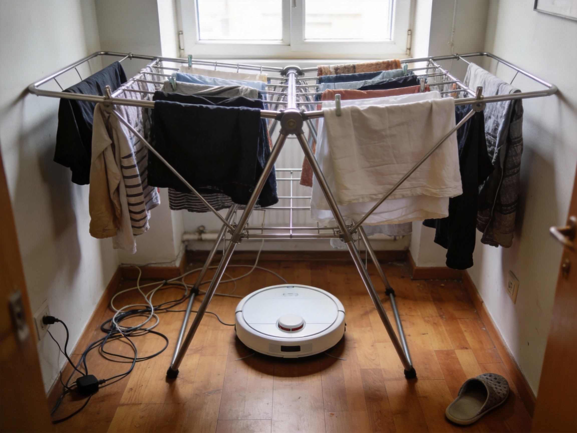 A robot vacuum attempting to navigate through the metal legs of a clothes drying rack in a narrow living room, highlighting navigation limitations and potential missed cleaning spots in high-density furniture layouts.
