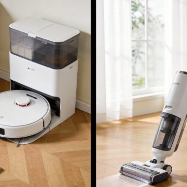 Split-screen comparison: Left shows a robot vacuum with an auto-empty dock charging on a wooden floor; right shows a user cleaning a fabric sofa with a cordless stick vacuum in a cozy, compact 60m² modern apartment.
