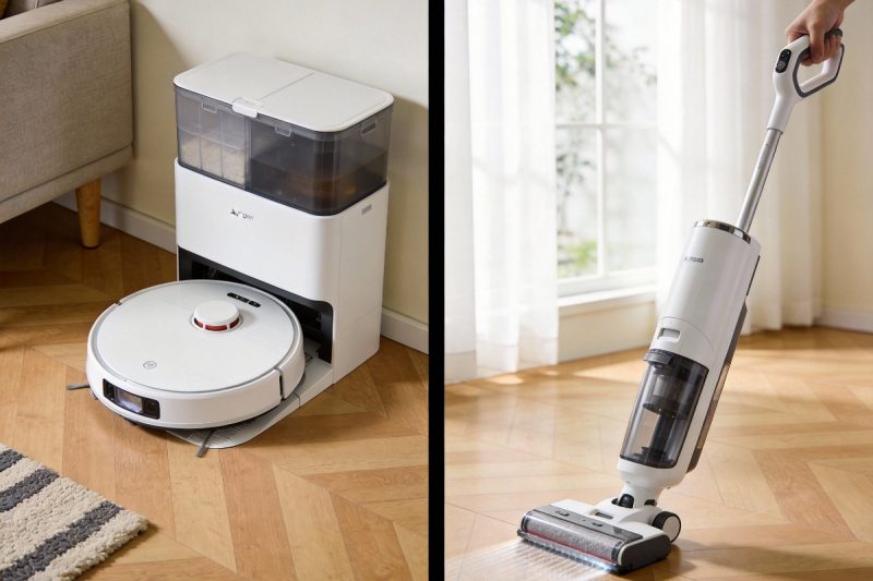 Split-screen comparison: Left shows a robot vacuum with an auto-empty dock charging on a wooden floor; right shows a user cleaning a fabric sofa with a cordless stick vacuum in a cozy, compact 60m&sup2; modern apartment.