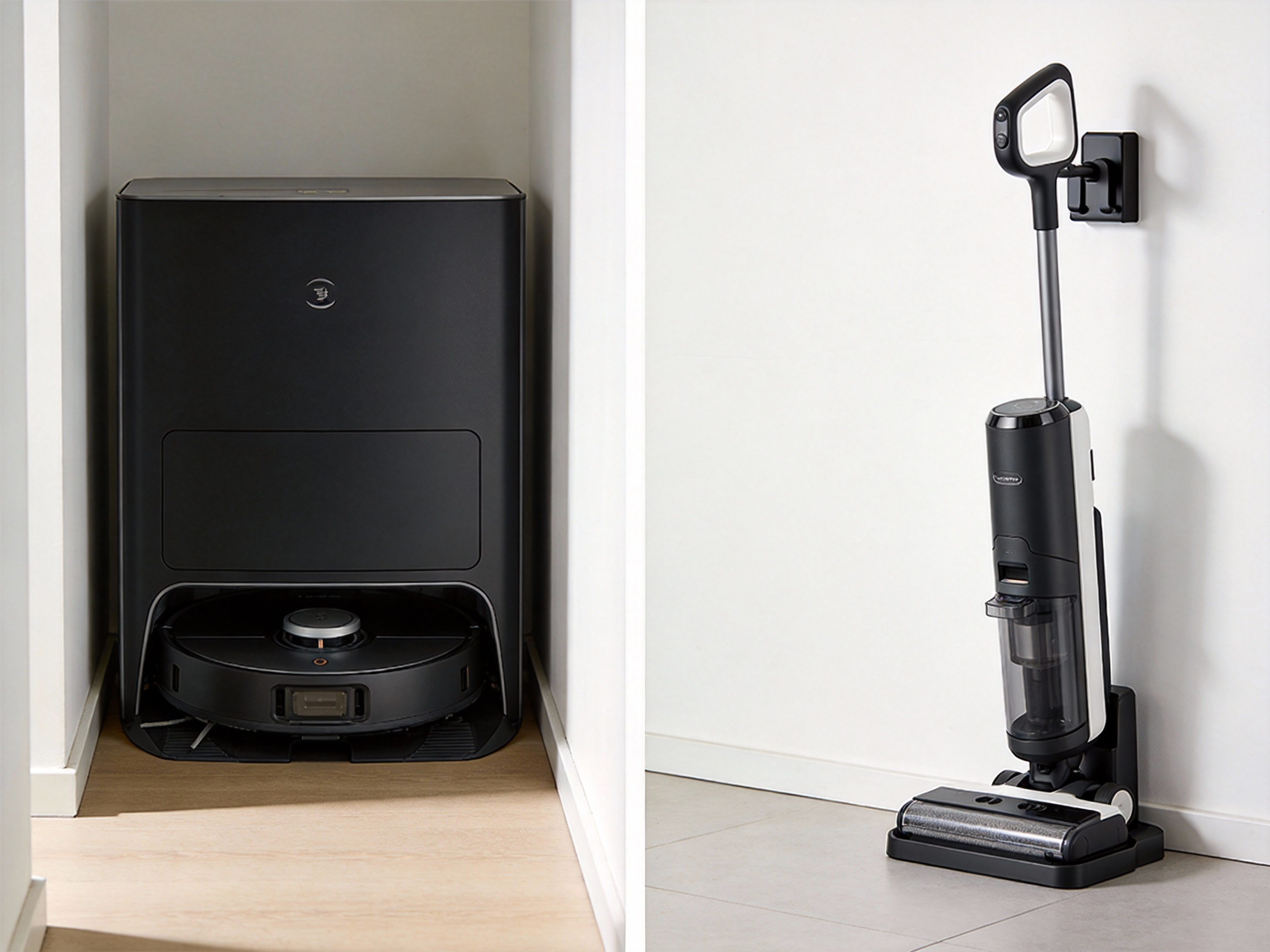 Visual comparison of storage space: A large robot vacuum auto-empty station creating visual clutter on the floor of a hallway versus a cordless stick vacuum neatly wall-mounted behind a door, utilizing vertical space.